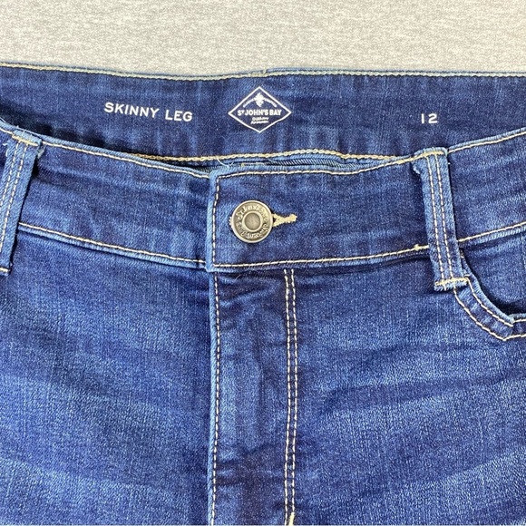 St Johns Bay Jeans Womens 12 Blue Skinny Boho Embroidered Hem Pom Mid Rise Denim - Picture 5 of 14